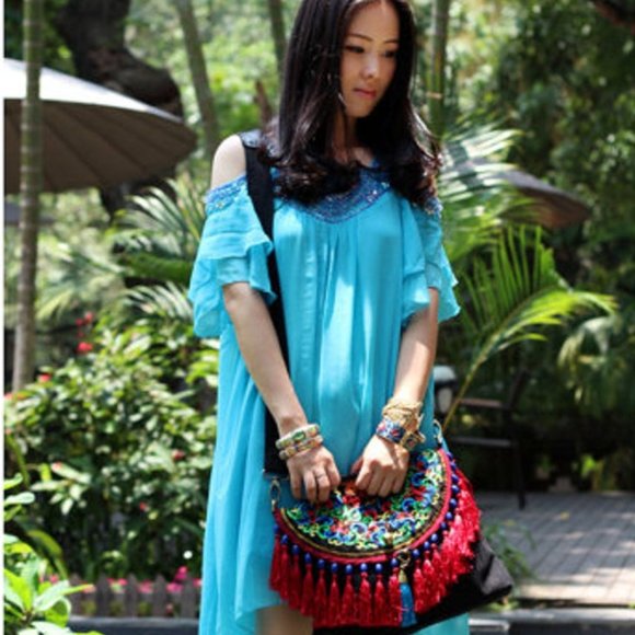 NWT Handmade Embroidered Tassel Purse Handbag - Picture 5 of 6